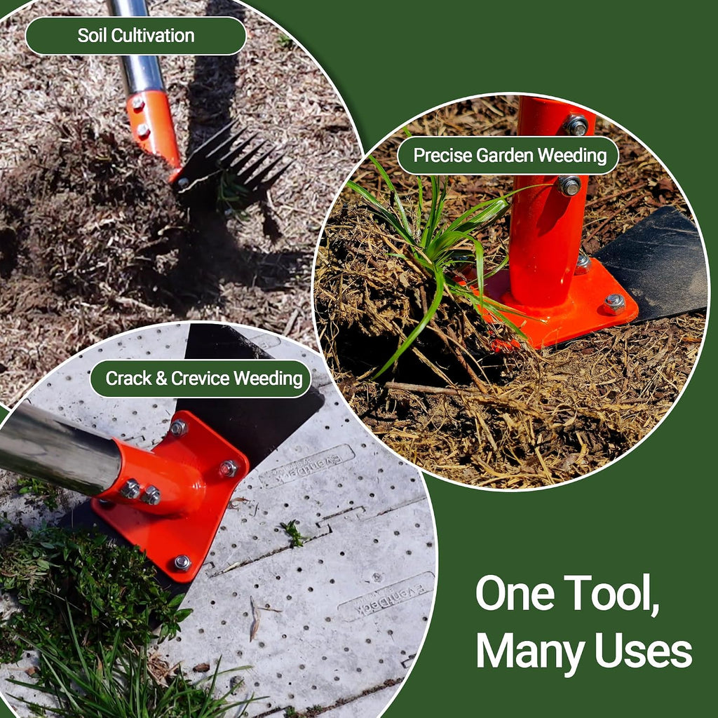 2-in-1 Garden Hoe and Weed Puller Rake 60 Inch Spring Steel Head | Adjustable Long Handle Weeding Tool Heavy Duty Sand