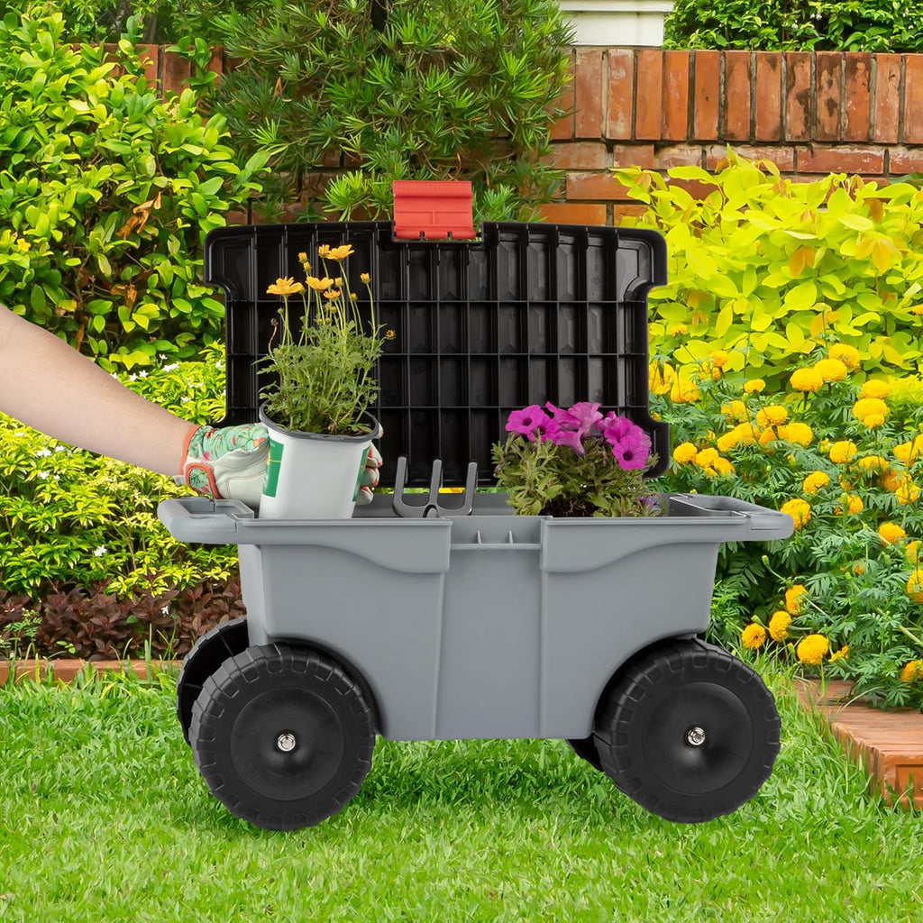 Pure Garden Rolling Garden Cart with Seat, Gray | Plastic Gardening Stool Bench with Interior Garden Tool Storage Tray