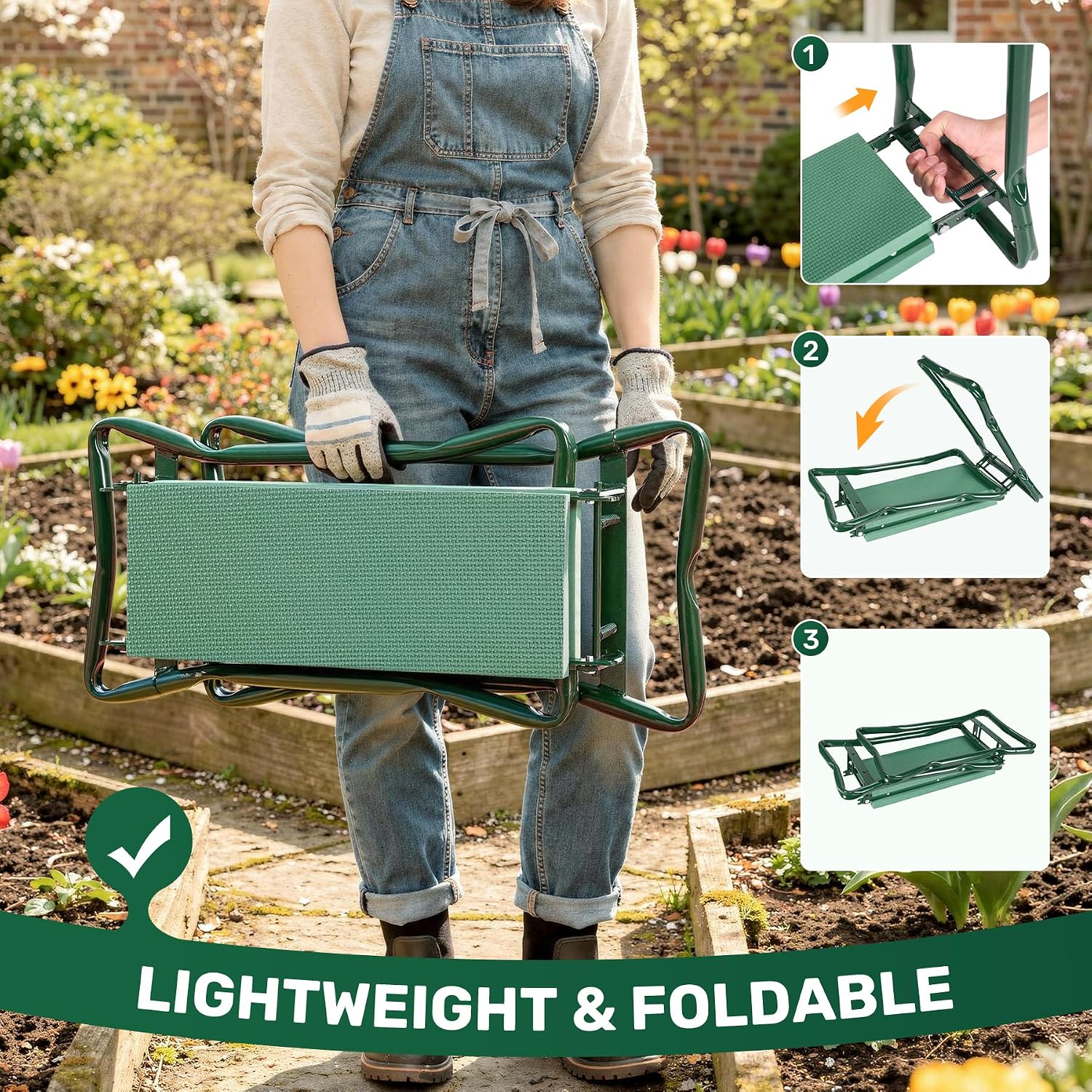 Garden Kneeler and Seat with 2 Tool Pouches for Gardening Work | 350lbs Max Load Alloy Steel Frame, 10.23in Wide EVA