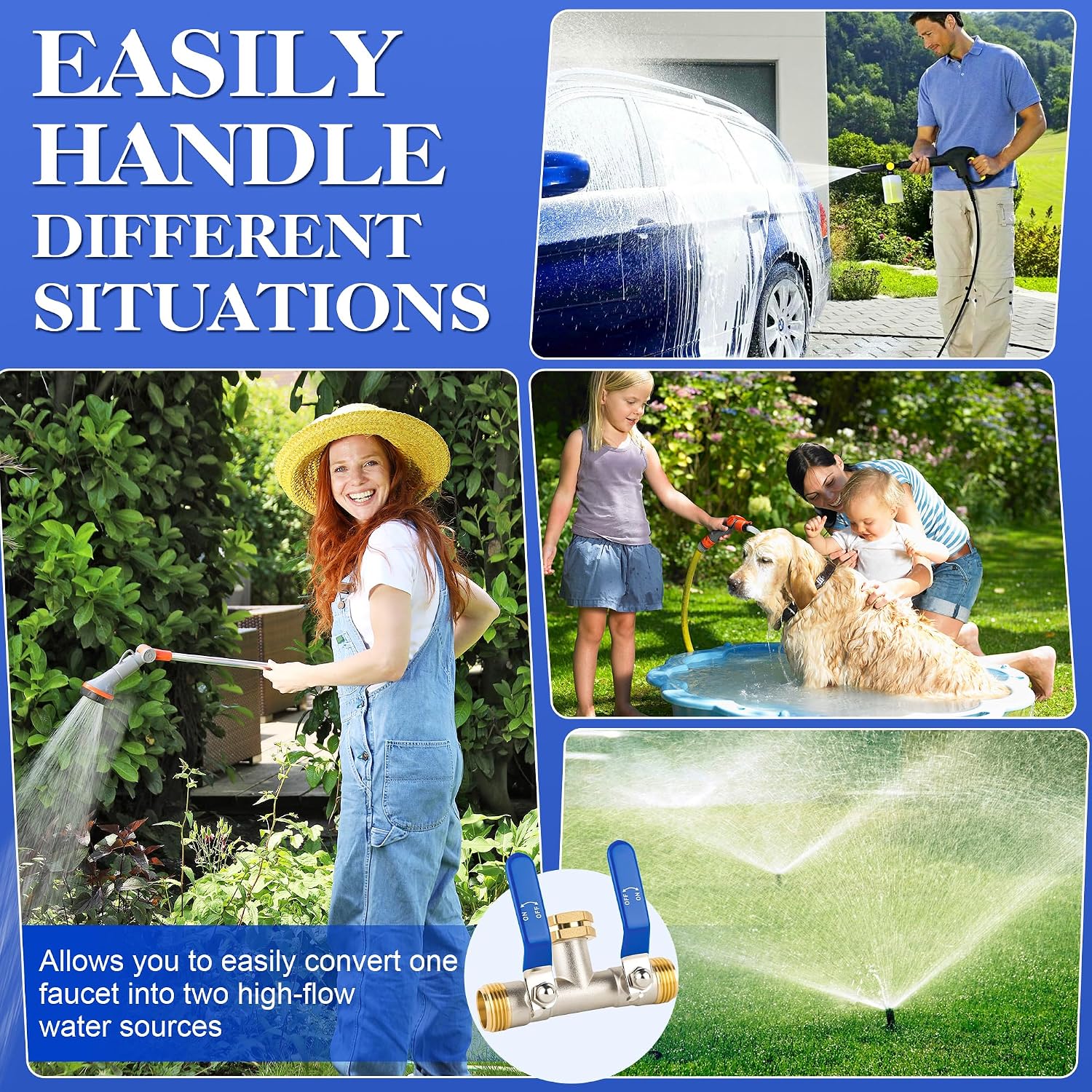 EJW Hose Splitter 2 Way, Garden Hose Splitters, 2 Way Faucet Splitter, Water Spigot Splitter, RV Brass Hose Splitter
