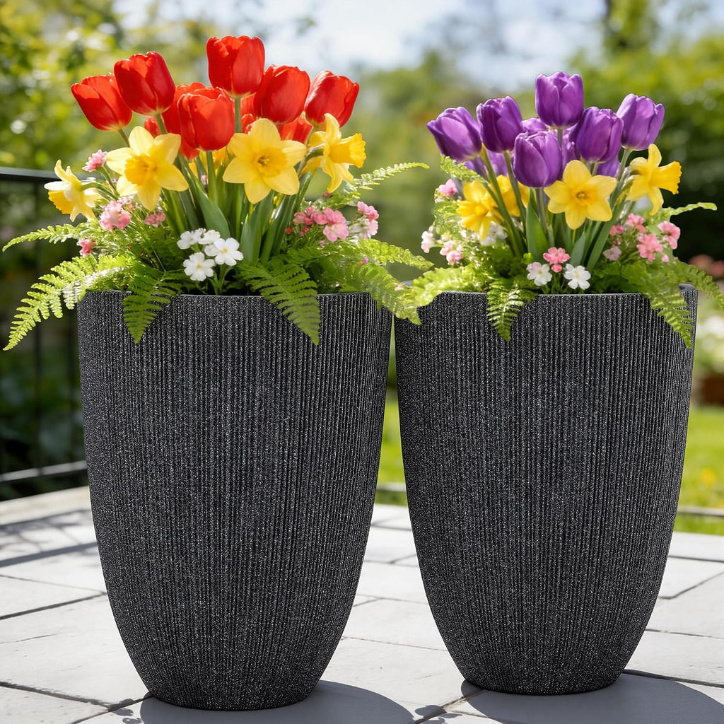 2-Pack 19" Black Resin Tall Round Planters with Fluted Texture | Set of 2 resin tall planters with black fluted