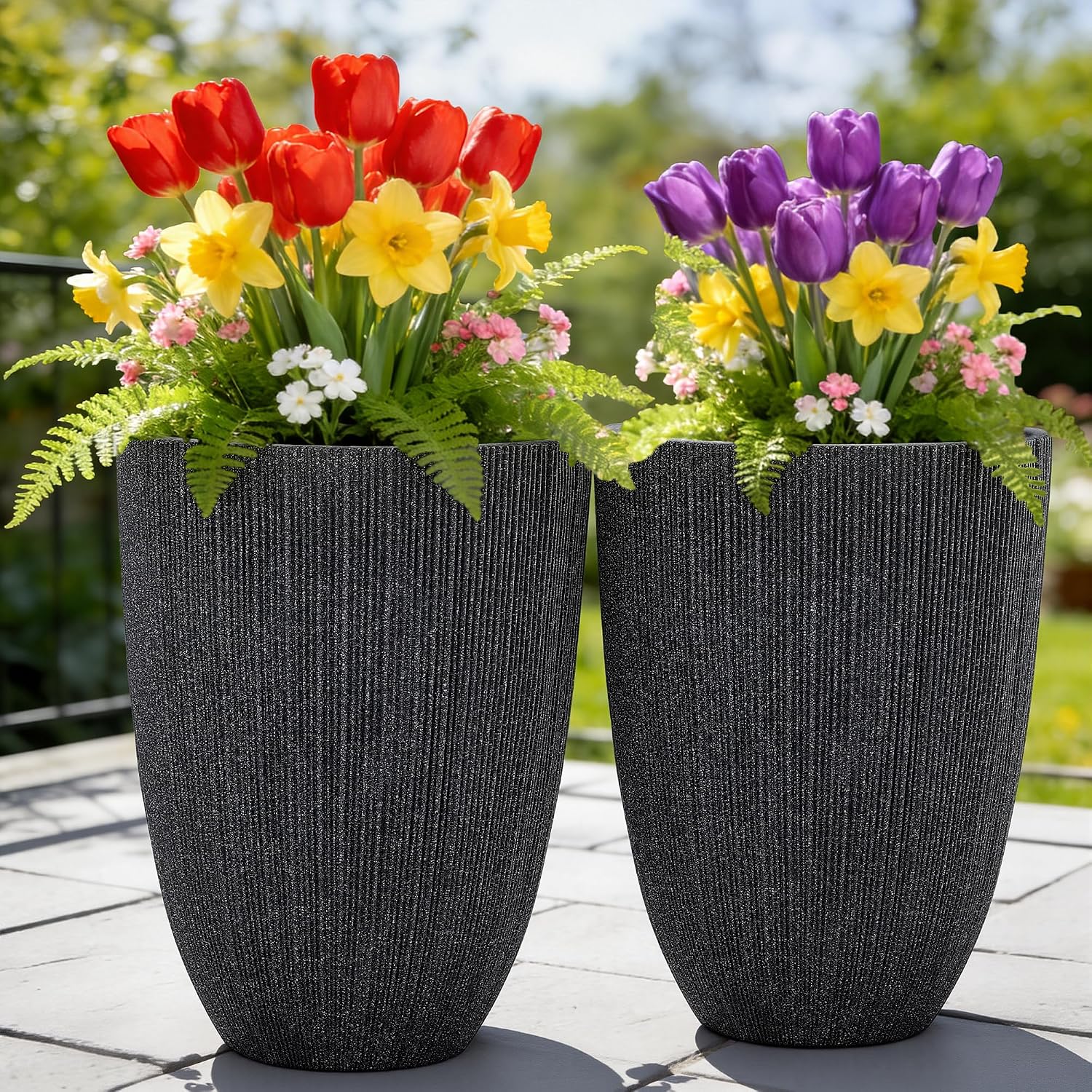 2-Pack 19" Black Resin Tall Round Planters with Fluted Texture | Set of 2 resin tall planters with black fluted