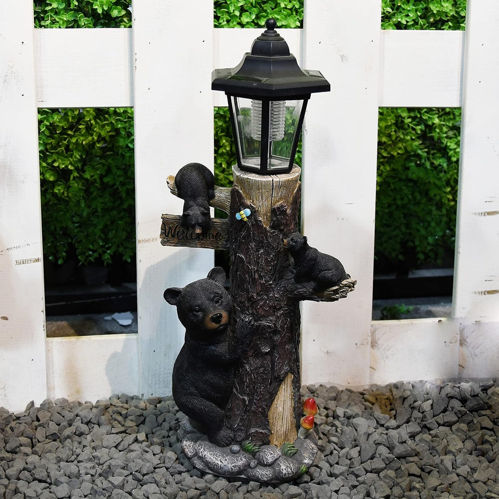 19 Inches Bear Statue Welcome Sign Garden Statue with Solar Lights | Resin Bear Family on The Tree, Outdoor Bear Décor