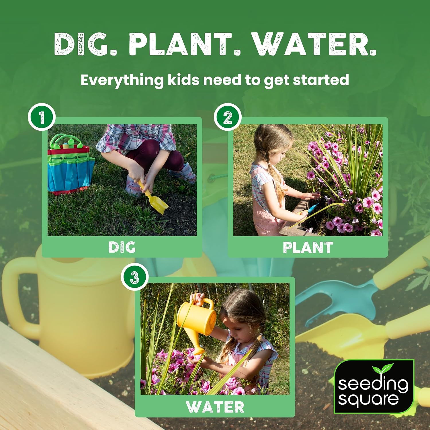 Kids Garden Tool Set with Trowel, Shovel, Rake, Watering Can & Tote Bag Kit | Ages 3+ | Child-Safe Design | Durable