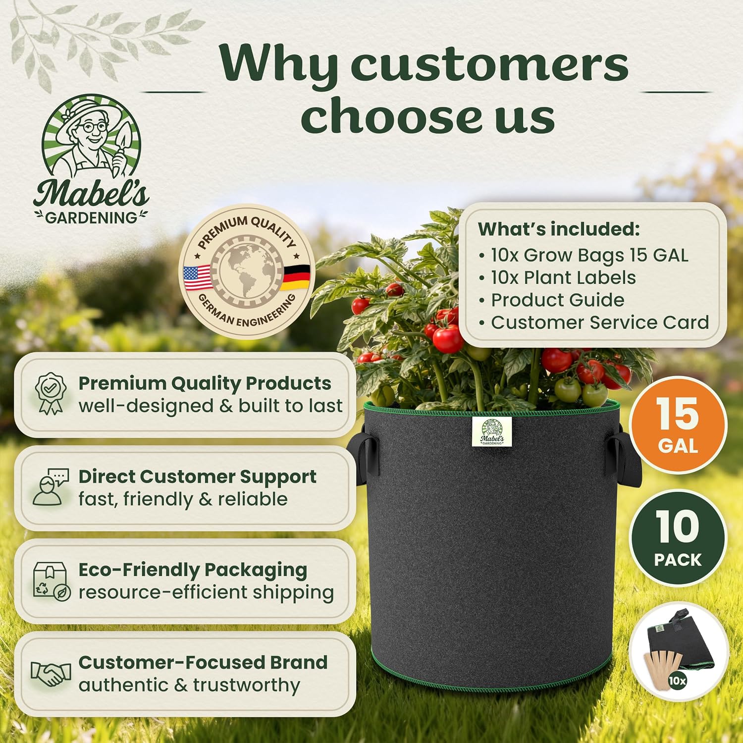 Mabel's Gardening 10-Pack 15 Gallon Grow Bags - Garden Planting Bags 17.7 x 14.2 INCH Made of 8.85 oz/yd² (300g/m²)