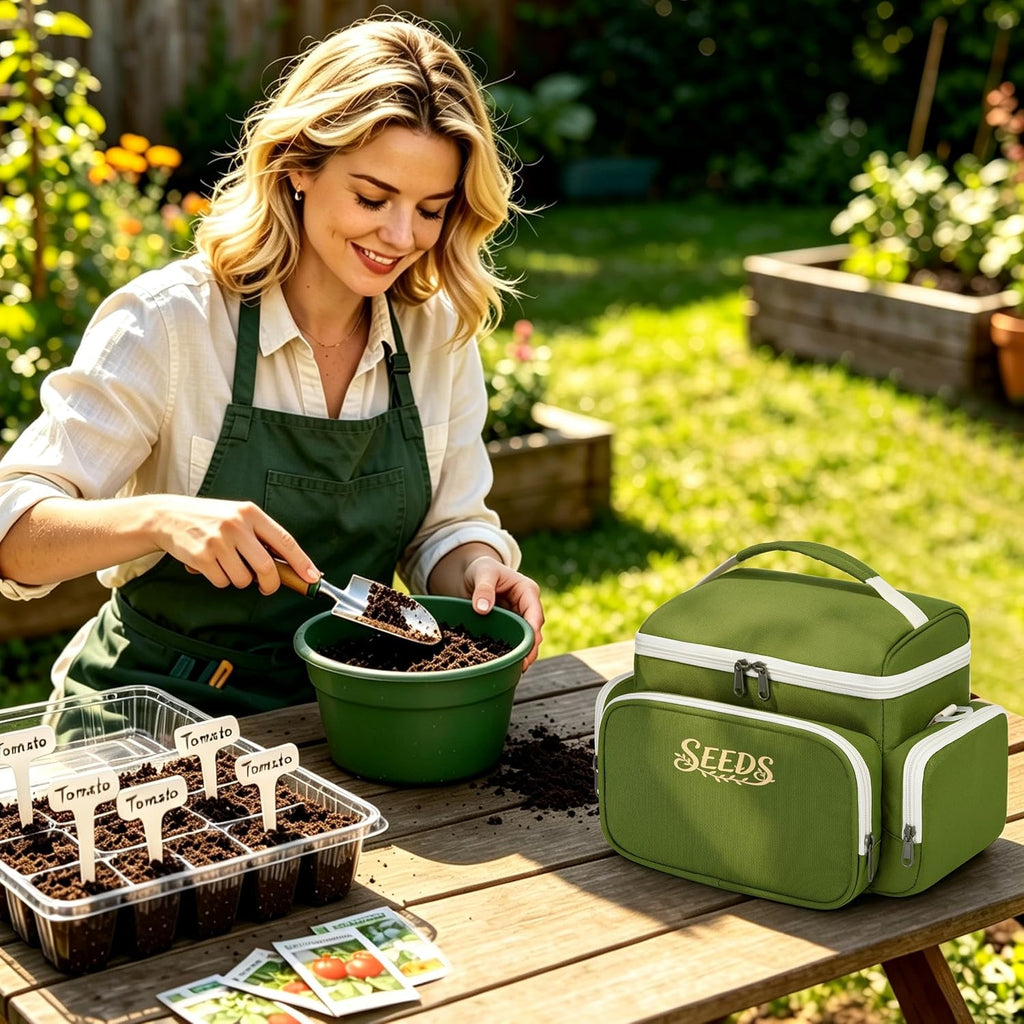 Seed Storage Organizer Insulated Bag, Garden Seed Saving Box, Green | 25 Seed Envelopes, 50 Blank Plant Label Stakes