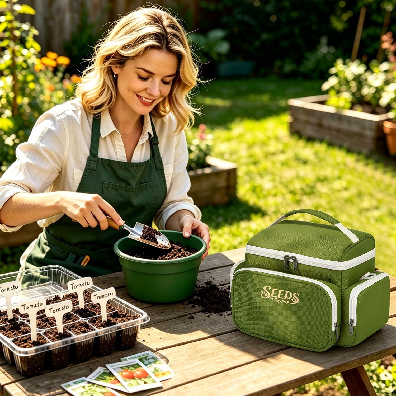 Seed Storage Organizer Insulated Bag, Garden Seed Saving Box, Green | 25 Seed Envelopes, 50 Blank Plant Label Stakes