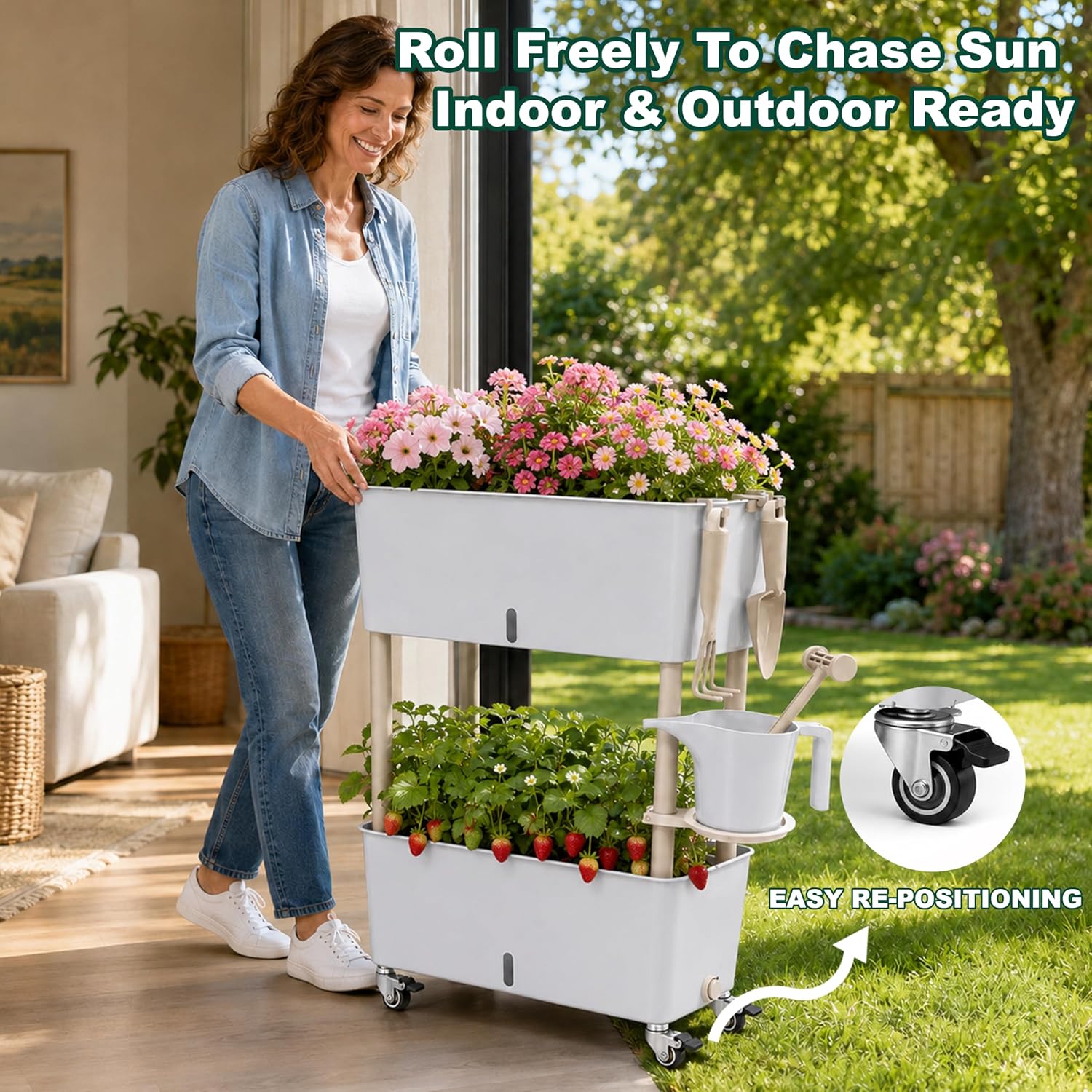 2-Tier 27.8"H Rolling Raised Garden Bed with Wheels, Self Watering Planter Box with Visible Water Level, Gray Rustproof