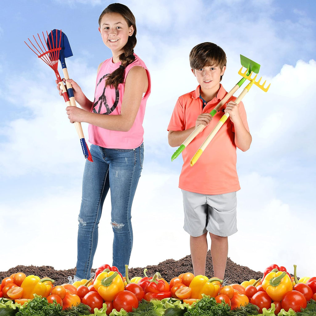 Play22 Kids Garden Tool Set Toy 4-Piece - Shovel, Rake, Hoe, Leaf Rake, Wooden Gardening Tools for Kids Best Outdoor