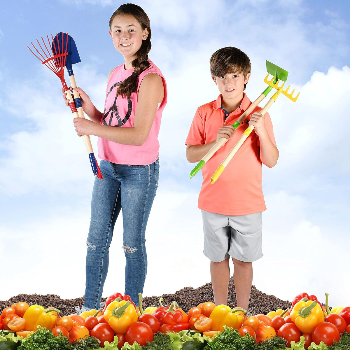 Play22 Kids Garden Tool Set Toy 4-Piece - Shovel, Rake, Hoe, Leaf Rake, Wooden Gardening Tools for Kids Best Outdoor