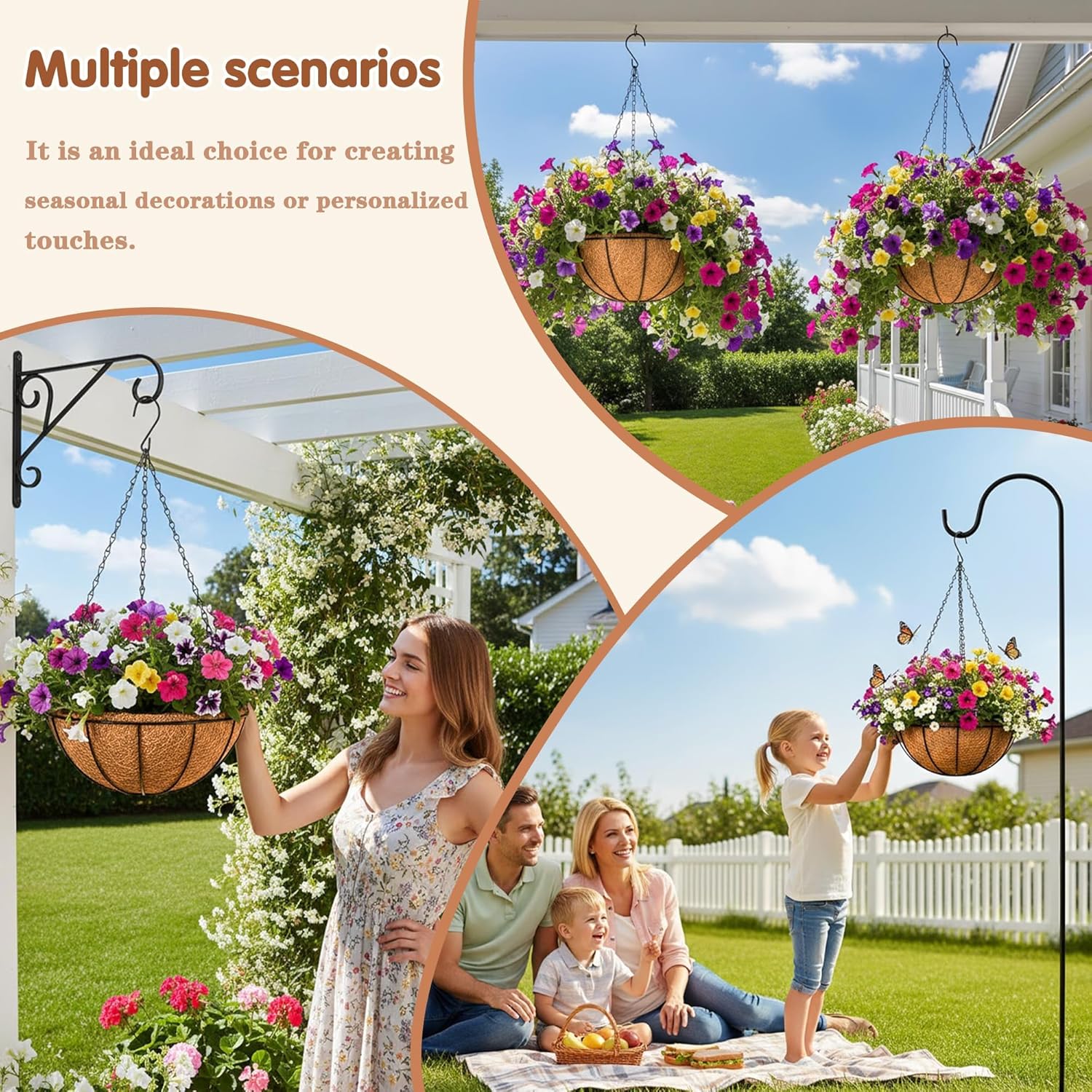 14 inch Metal Hanging Baskets For Plants Outdoor 4 Pack Round Metal Wire Hanging Basket Planter with Coco Fiber Liners
