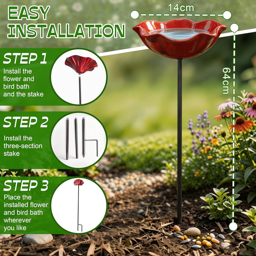Handmade Metal Flower Garden Stake with Bird Bath & pollinator Water Station, Bee Bath for Garden Metal Bee Water