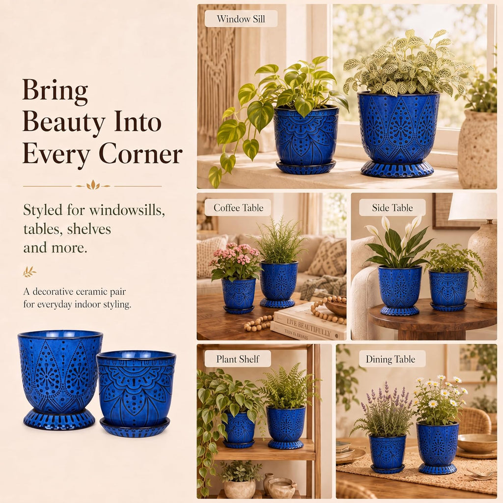 Gepege Ceramic Plant Pots, 6 Inch Indoor Planters with Drainage & Saucers | Ceramic pots for plants with drainage