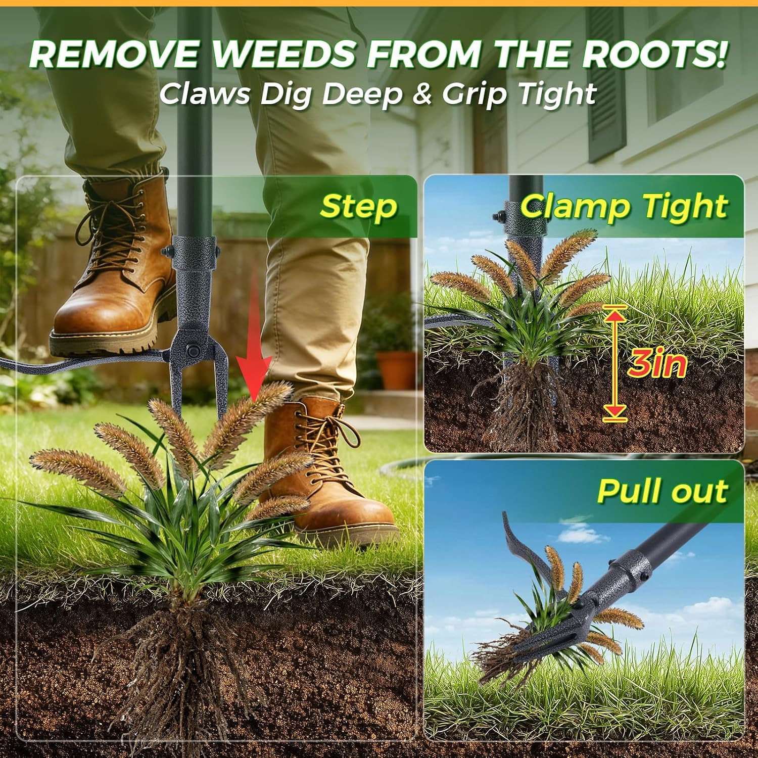 Stand Up Weed Puller Tool, 46" Adjustable All-Metal Long Handle Weeder with 4-Claw Steel Head, Remove Weeds by Roots