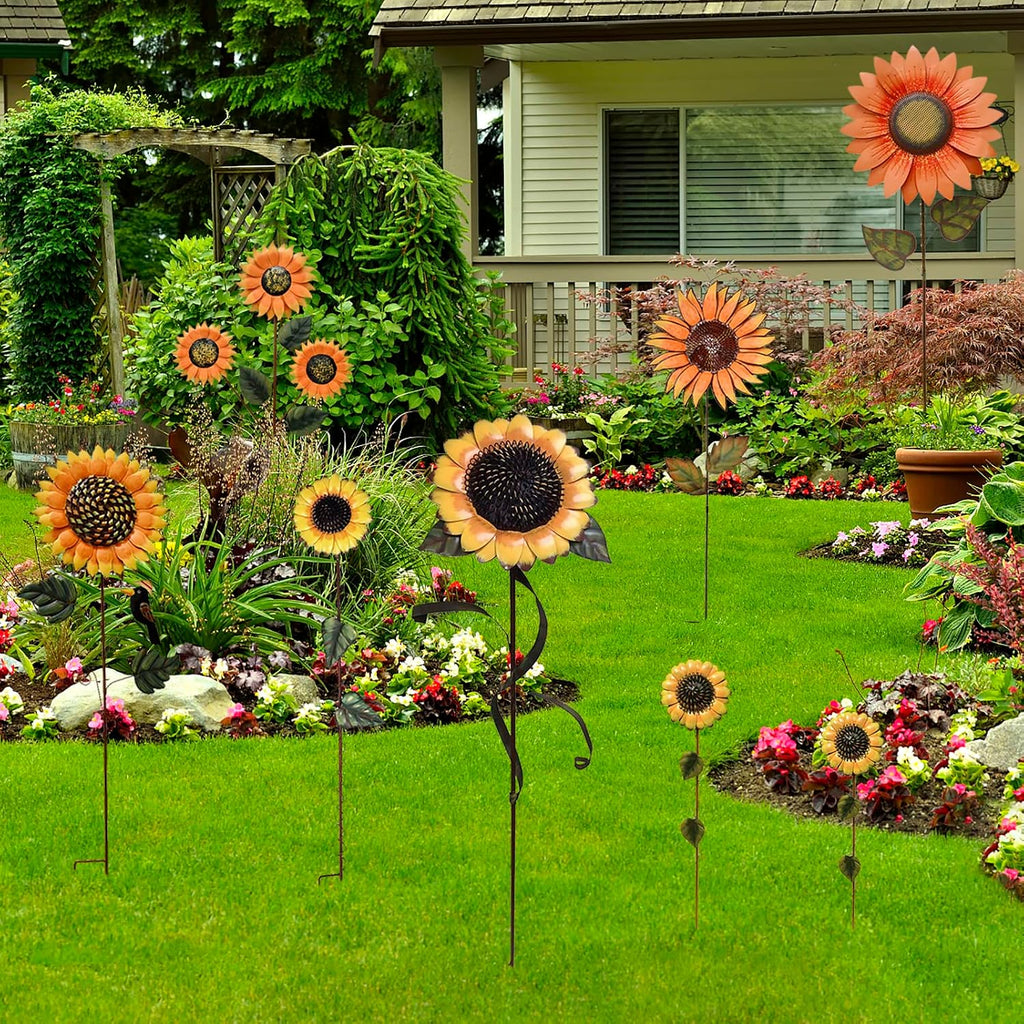 Flower Garden Stakes Metal Spring Yard Sign Decorative Sunflower Plant Stake Lawn Art Patio Decor Pathway Ornaments