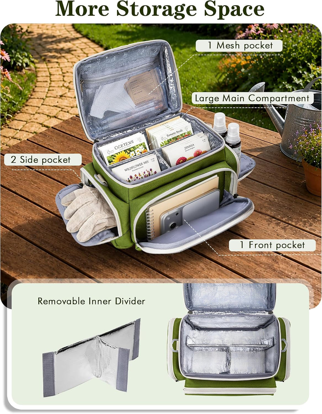 Seed Storage Organizer Insulated Bag, Garden Seed Saving Box, Green | 25 Seed Envelopes, 50 Blank Plant Label Stakes
