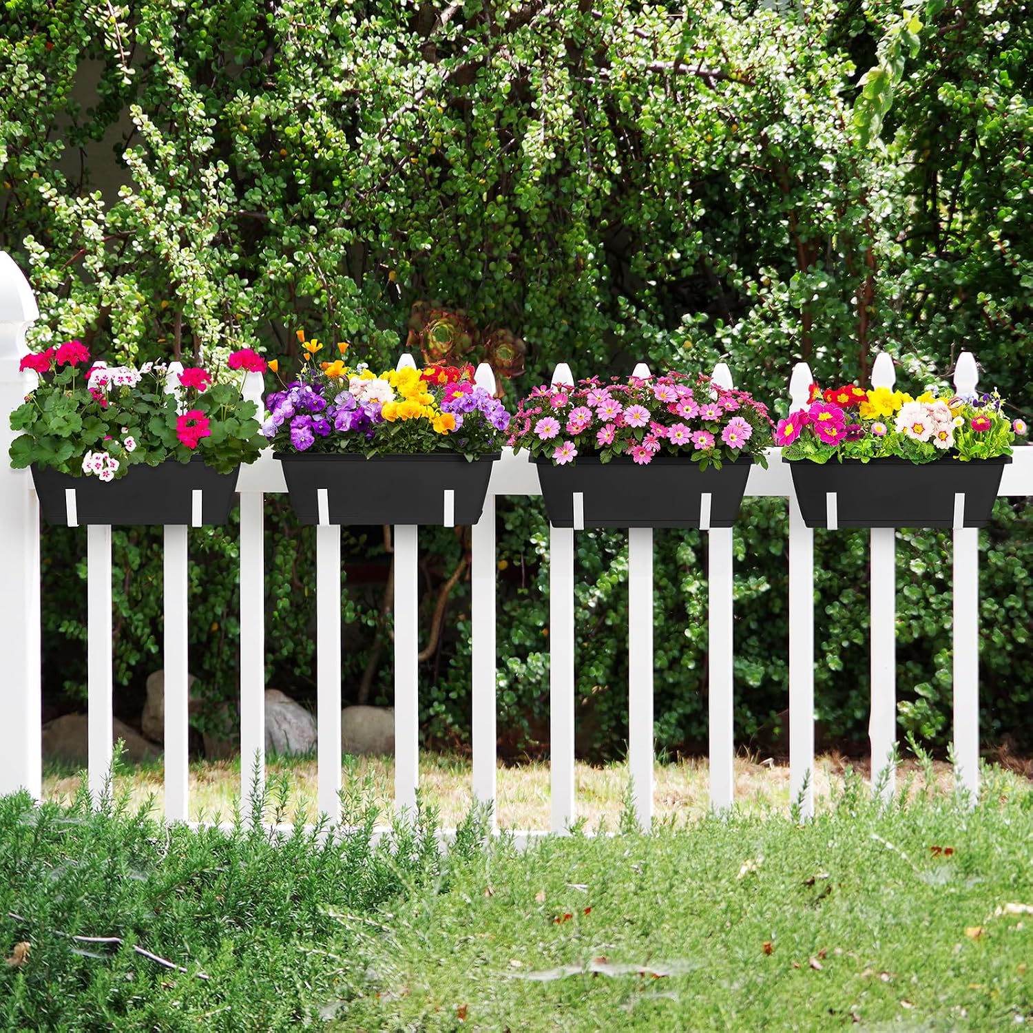 Railing Planter Box 4 Pack Hanging Balcony Planters with Adjustable Bracket | 17 Inch Railing Window Boxes Planter