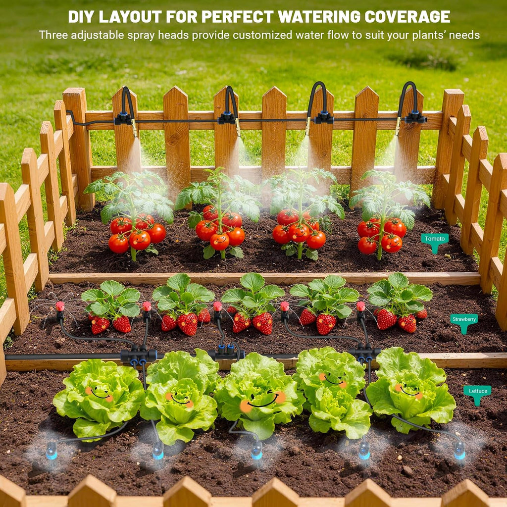230FT Drip Irrigation Kit with 34 Emitters, 3 Spray Types, Watering System | Extra Long Garden Misting System, 3