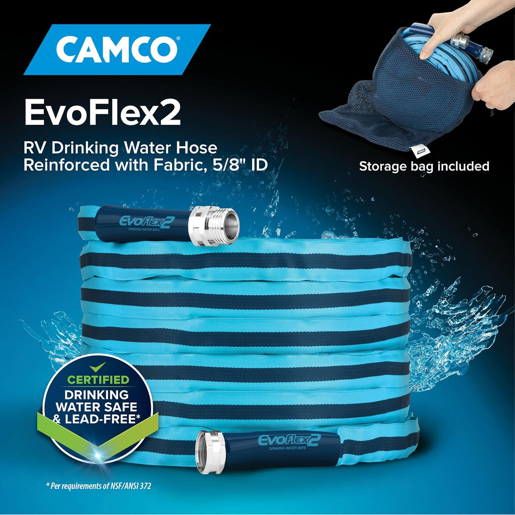 Camco EvoFlex2 50-ft Drinking Water Hose - RV Drinking Water Hose Reinforced with Fabric & Ultra Lightweight - Contains