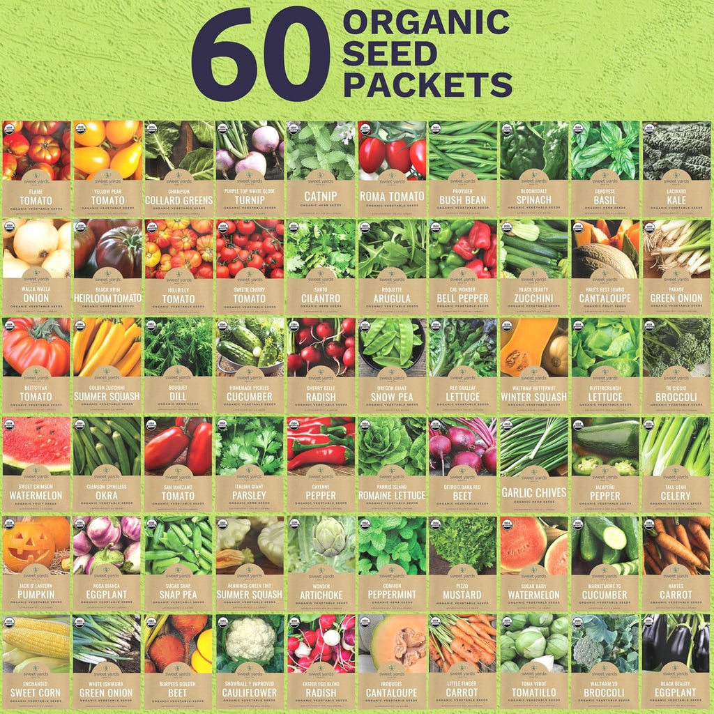 Organic Seeds Ultimate Variety Pack - 60 Individual Packs - 2026 Season - Genovese Basil, Nantes Carrot, Roquette