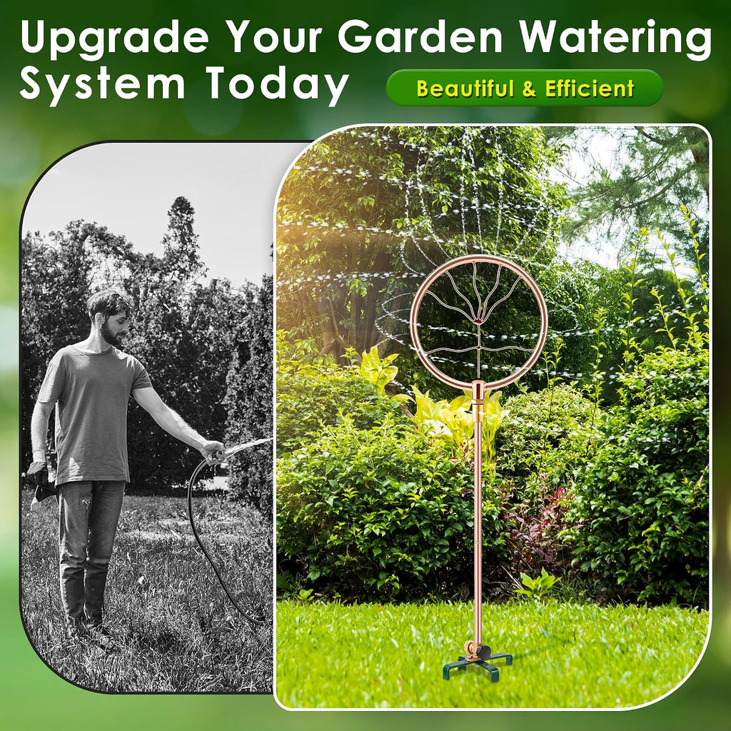 34" Ornamental Sprinkler, 360° Rotating, Wave Fan | Copper coated stainless steel, fits 3/4 in hose, 4-point stake