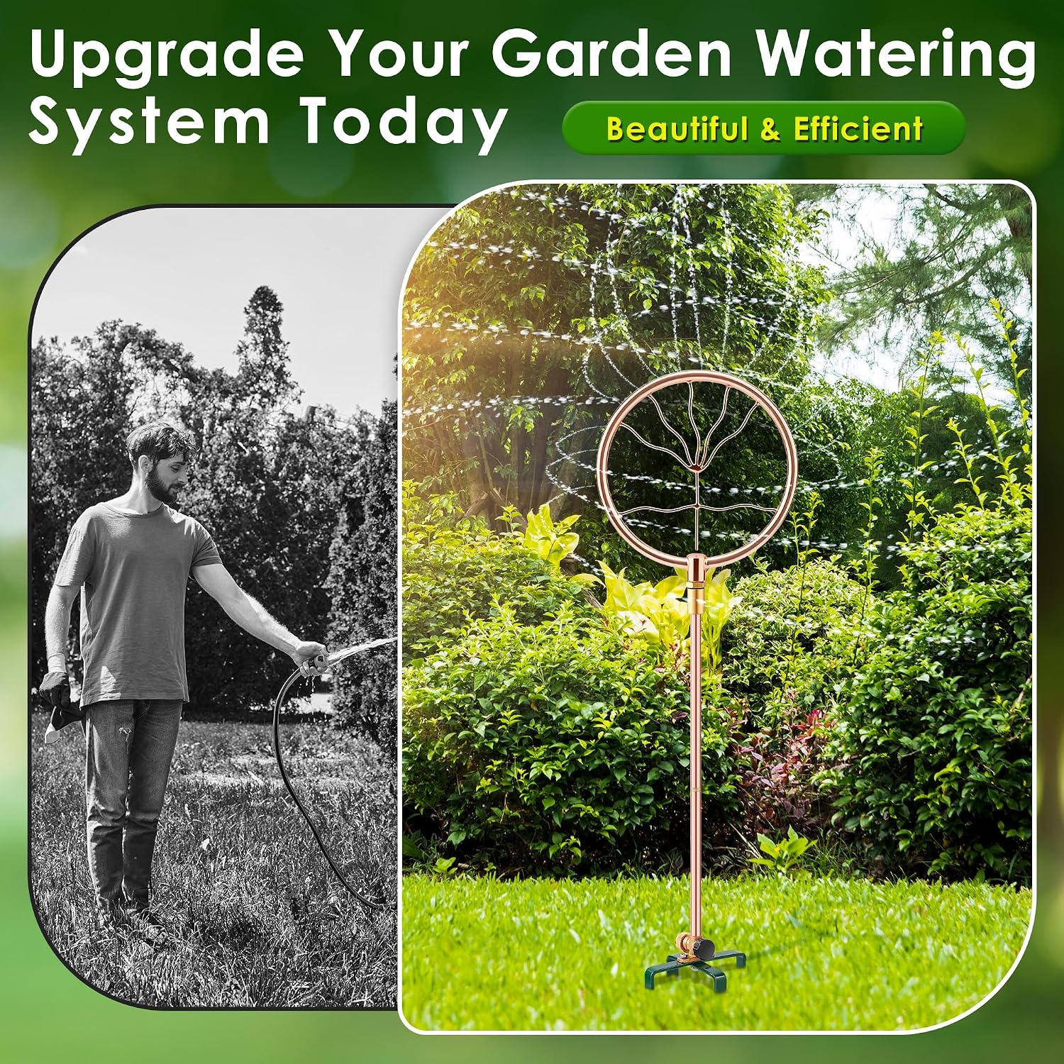 34" Ornamental Sprinkler, 360° Rotating, Wave Fan | Copper coated stainless steel, fits 3/4 in hose, 4-point stake