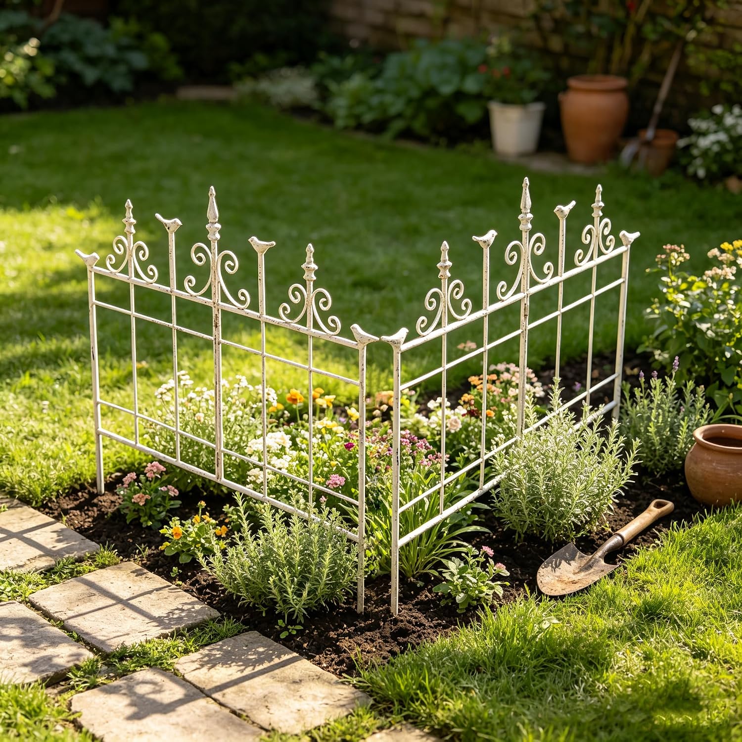 Vintage Distressed White Metal Garden Fence Panels, 25.6" W x 23.2" H Rustic Cast Iron Picket Fence, Outdoor Landscape