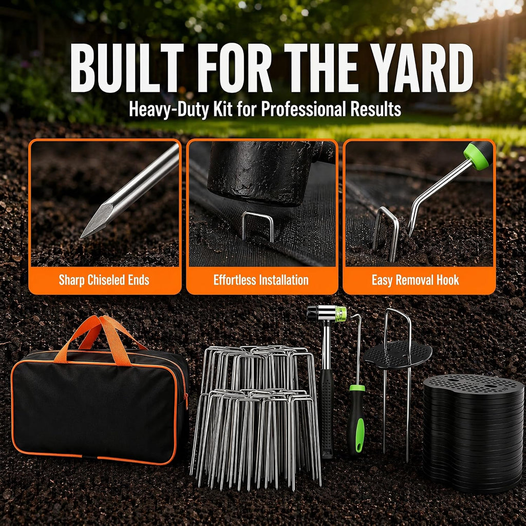 202Pcs Garden Stake Staple kit, 100Pcs 6-inch U-Shaped Landscape Staples, 100 Fixing Gasket, Pick Hook, Rubber Mallet