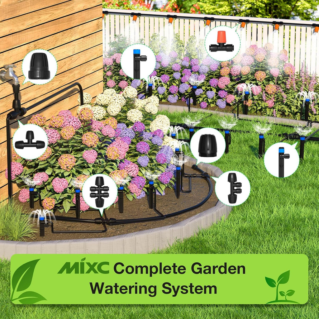 MIXC 250FT Drip Irrigation System Kit, Quick-Connect Garden Misting Watering System with 1/2” 1/4” Tubing Adjustable