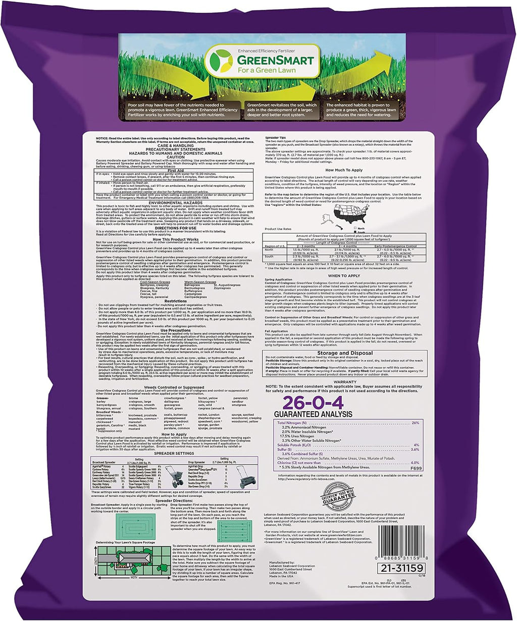 GreenView Crabgrass Control Plus Lawn Food 13.5 lb. Covers 5,000 sq. ft. | 26-0-4 NPK formula - Prevents crabgrass all