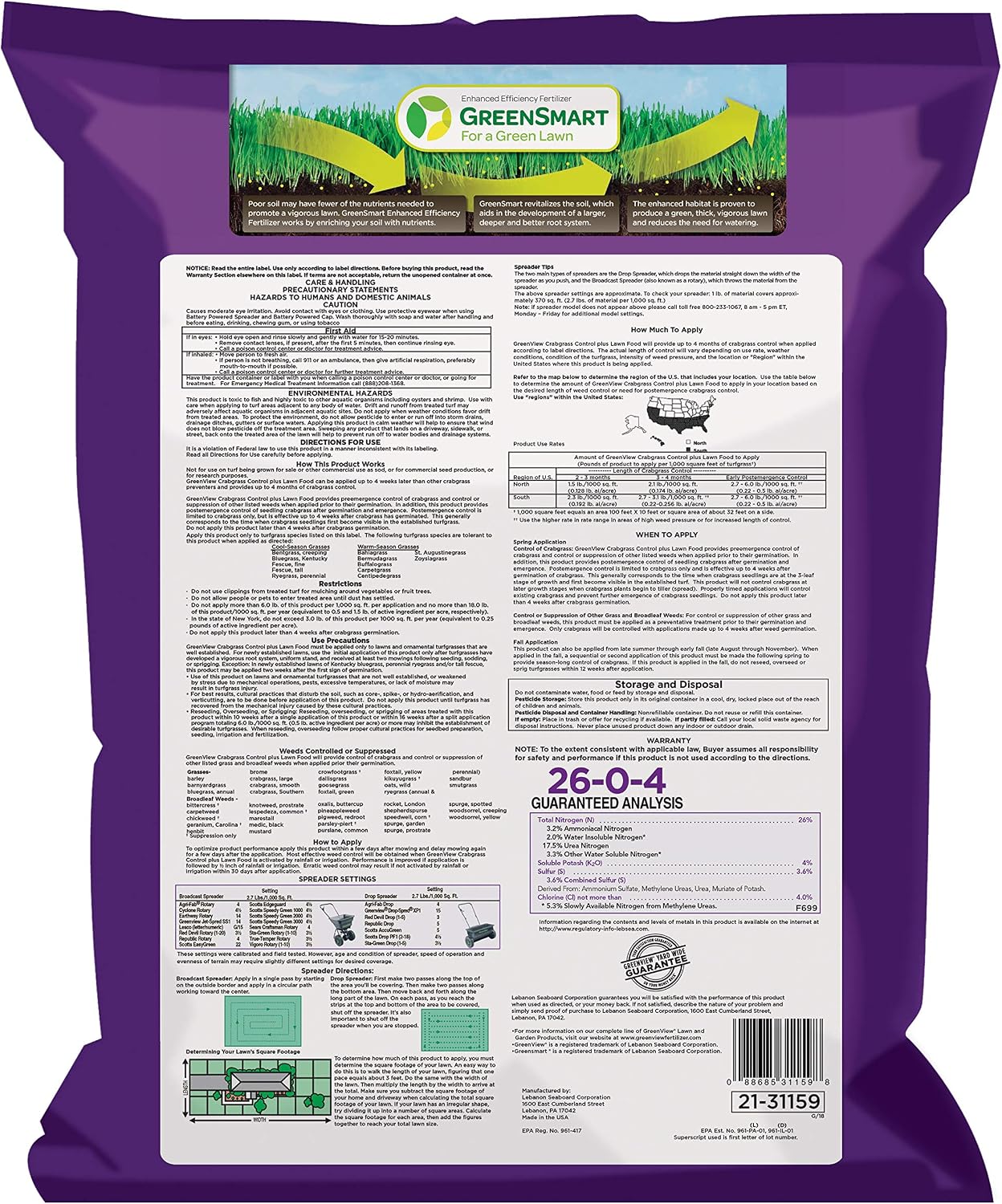 GreenView Crabgrass Control Plus Lawn Food 13.5 lb. Covers 5,000 sq. ft. | 26-0-4 NPK formula - Prevents crabgrass all