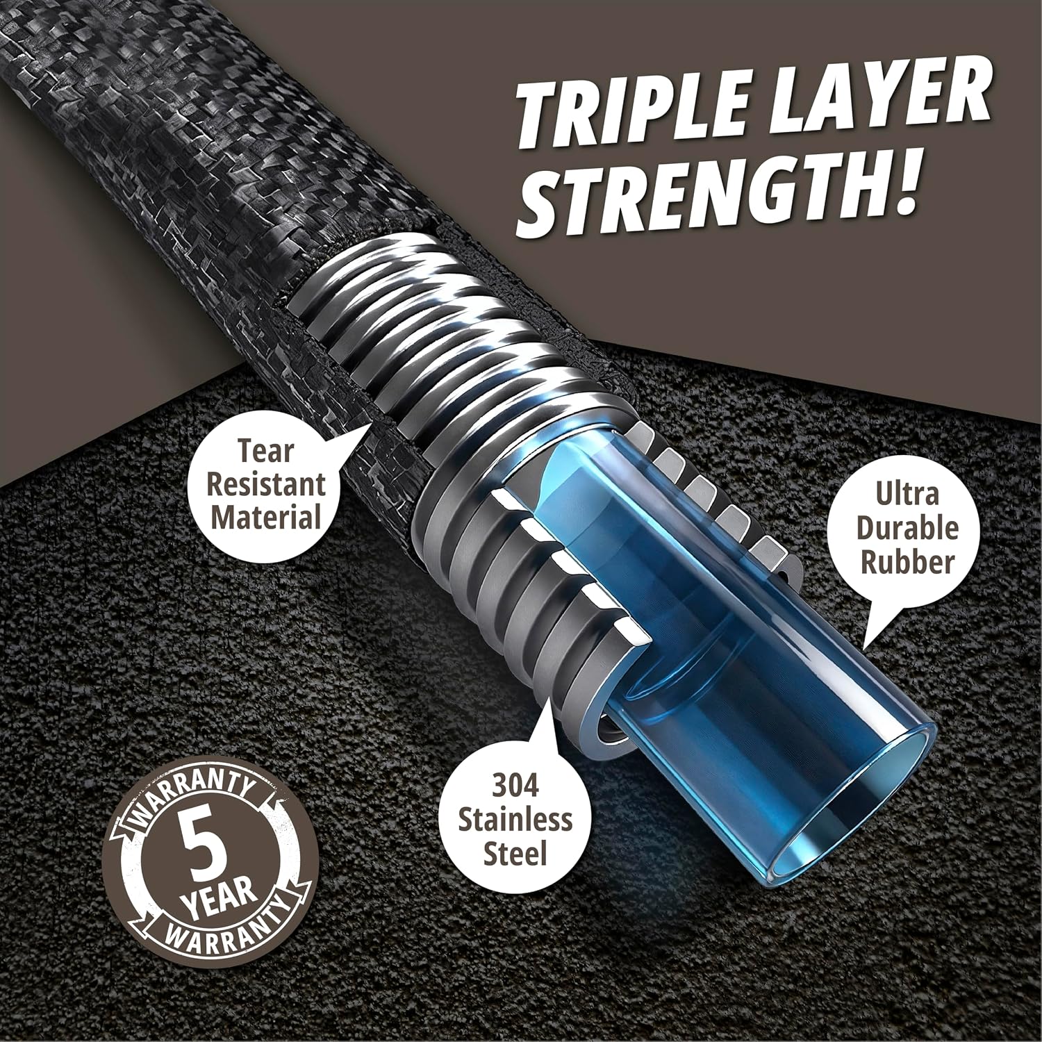 Hydrosteel PRO 50 Ft Heavy Duty Metal Garden Hose with Brass Nozzle | Made from 304 Stainless Steel, Flexible