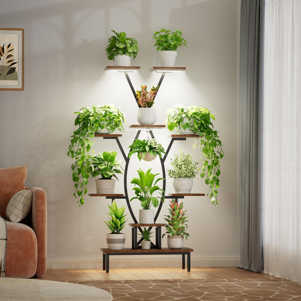 JUSTOGO Plant Stand Indoor with Grow Lights - 9 Tiered Tall Plant Shelf | 63" Corner Flower Holder for Multiple Plants