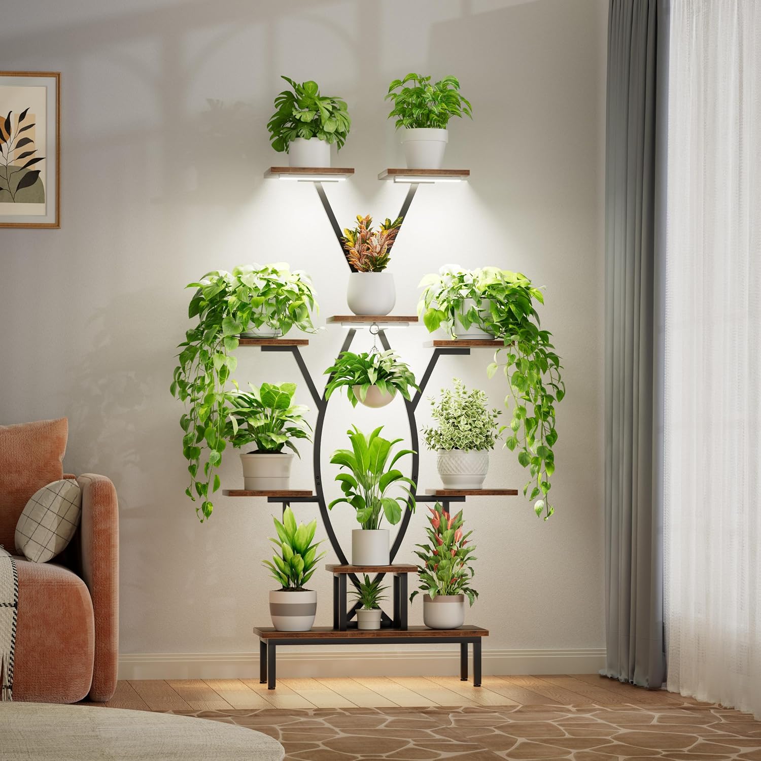 JUSTOGO Plant Stand Indoor with Grow Lights - 9 Tiered Tall Plant Shelf | 63" Corner Flower Holder for Multiple Plants