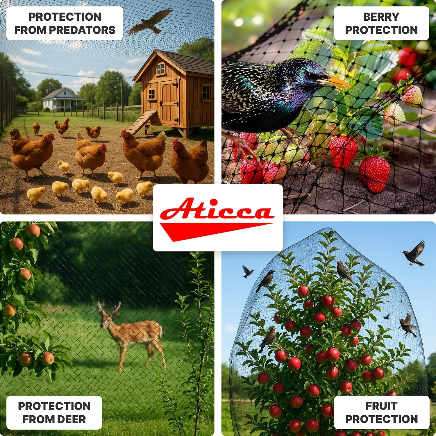 ATICCA Heavy Duty Bird Netting for Garden Protection & Fruit Trees, 15x15 Ft with 10 Stakes – Black Anti-Bird Net for