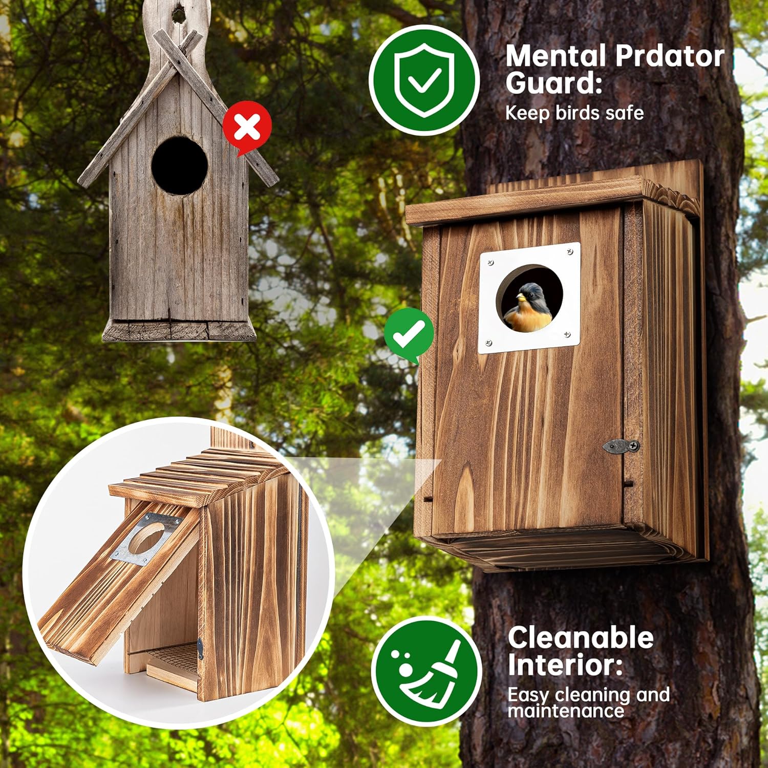 2 Pack Bird Houses for Outside with Metal Predator Guard for Bluebird Wren Swallow Finch, Carbonized Wooden Nesting
