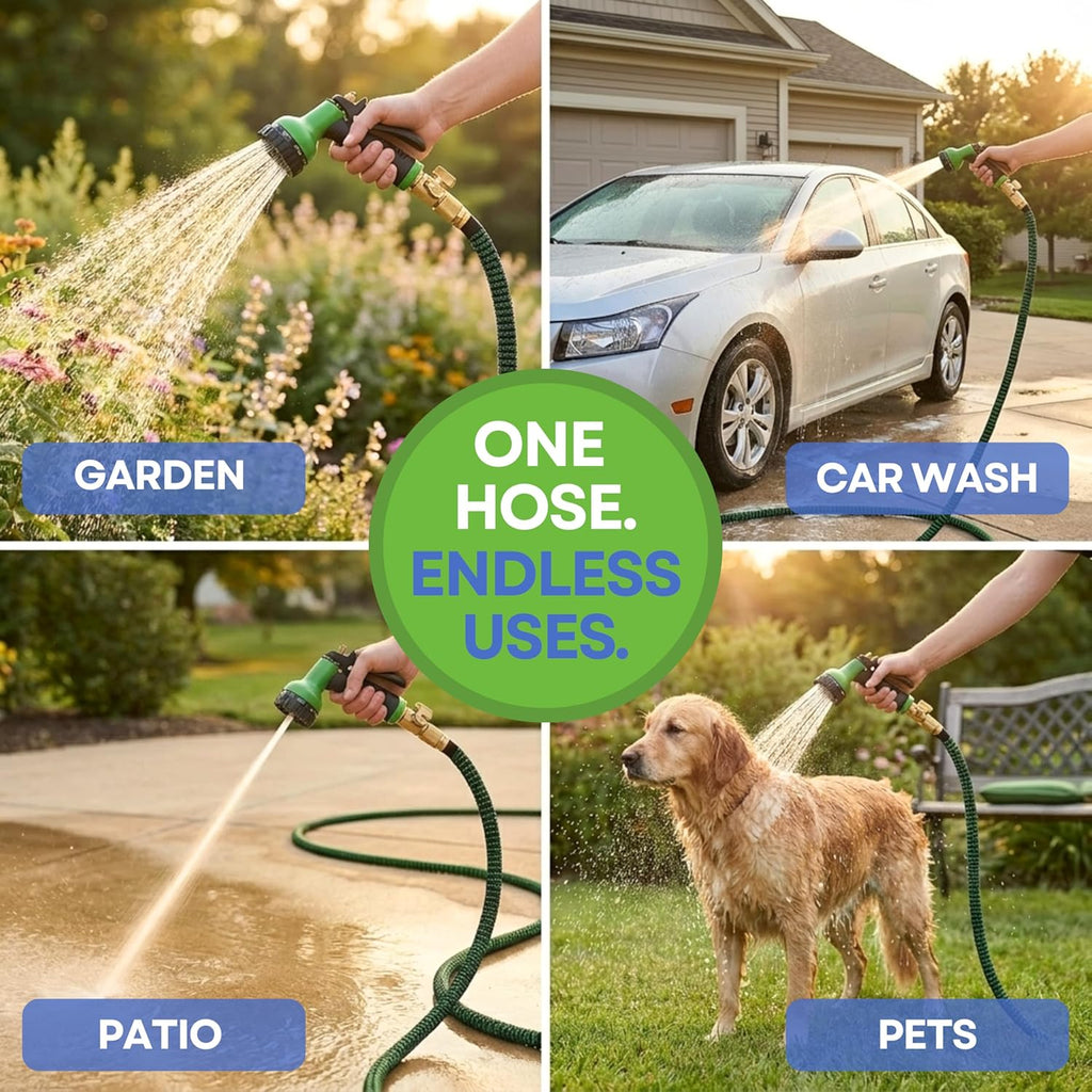 J&B XpandaHose 100ft Expandable Garden Hose, Lightweight, Brass Connectors | Ultra Strong 3750D fabric, 4-layer latex