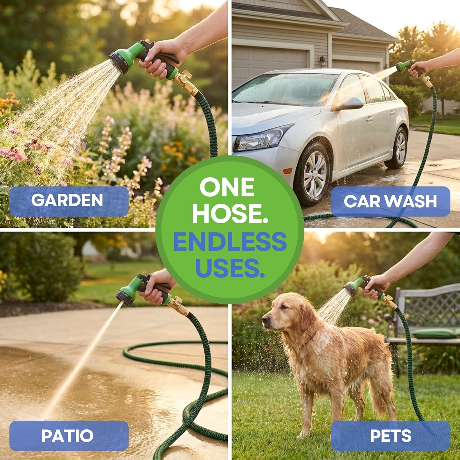 J&B XpandaHose 100ft Expandable Garden Hose, Lightweight, Brass Connectors | Ultra Strong 3750D fabric, 4-layer latex