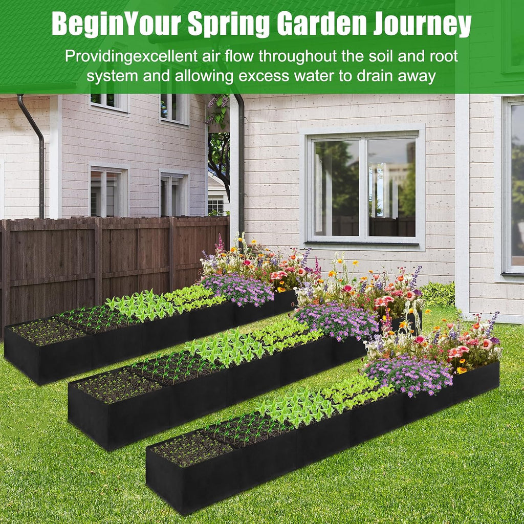 VZZNN 2Pack 12x2x1ft Fabric Raised Garden Bed - 6 Grids Plant Grow Bags, Outdoor Planter Box Non-Woven Fabric Patio