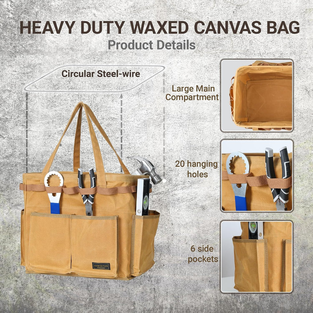 Water Resistant Gardening Tool Bag with Handles - 6 Pockets Utility Self-Standing Organizer for Camping/Garden/Car