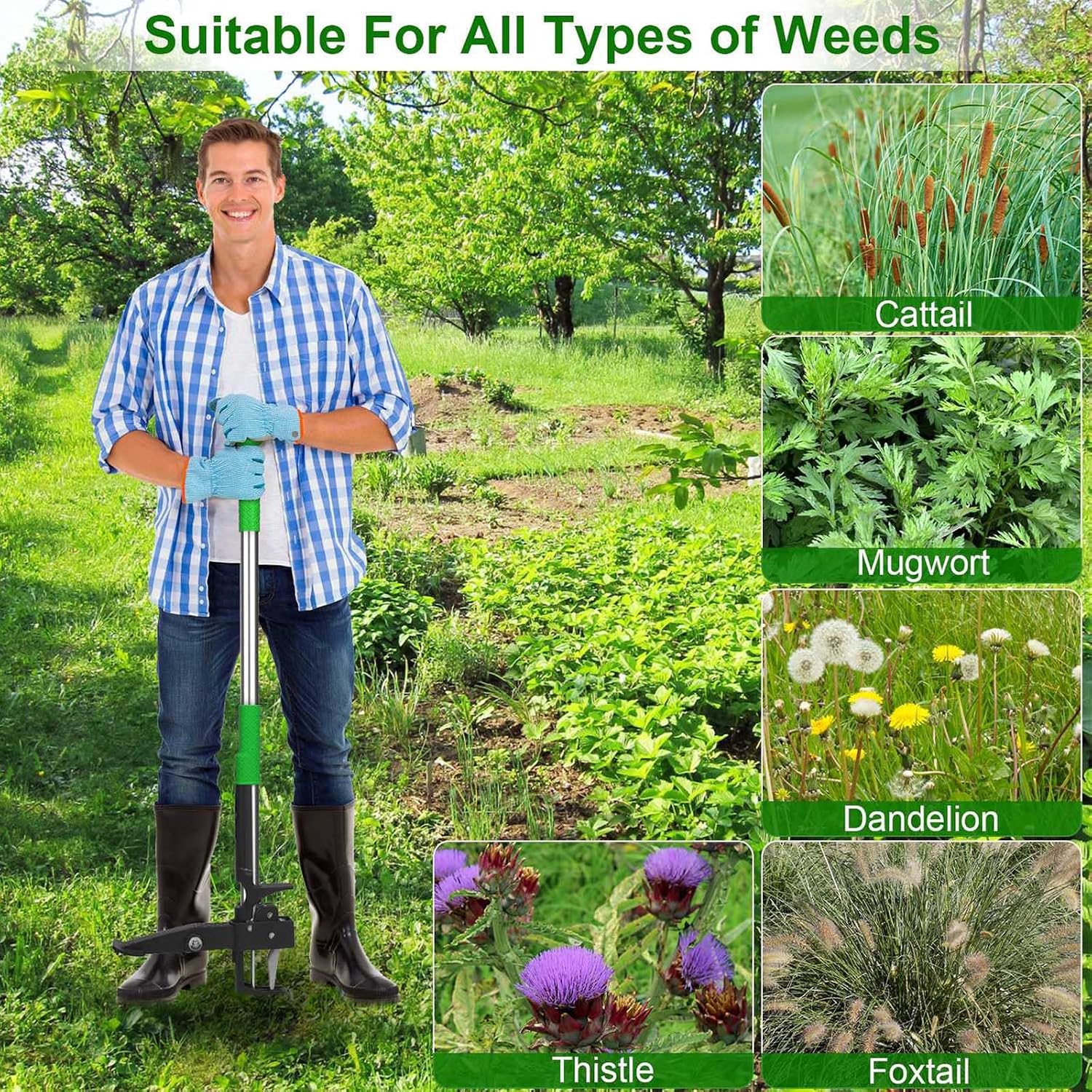 Weed Puller Tool, Stand Up 38.97in Heavy Duty Long Handle Garden Weeding Tool with 4 Claws Gardening Uprooting Manual
