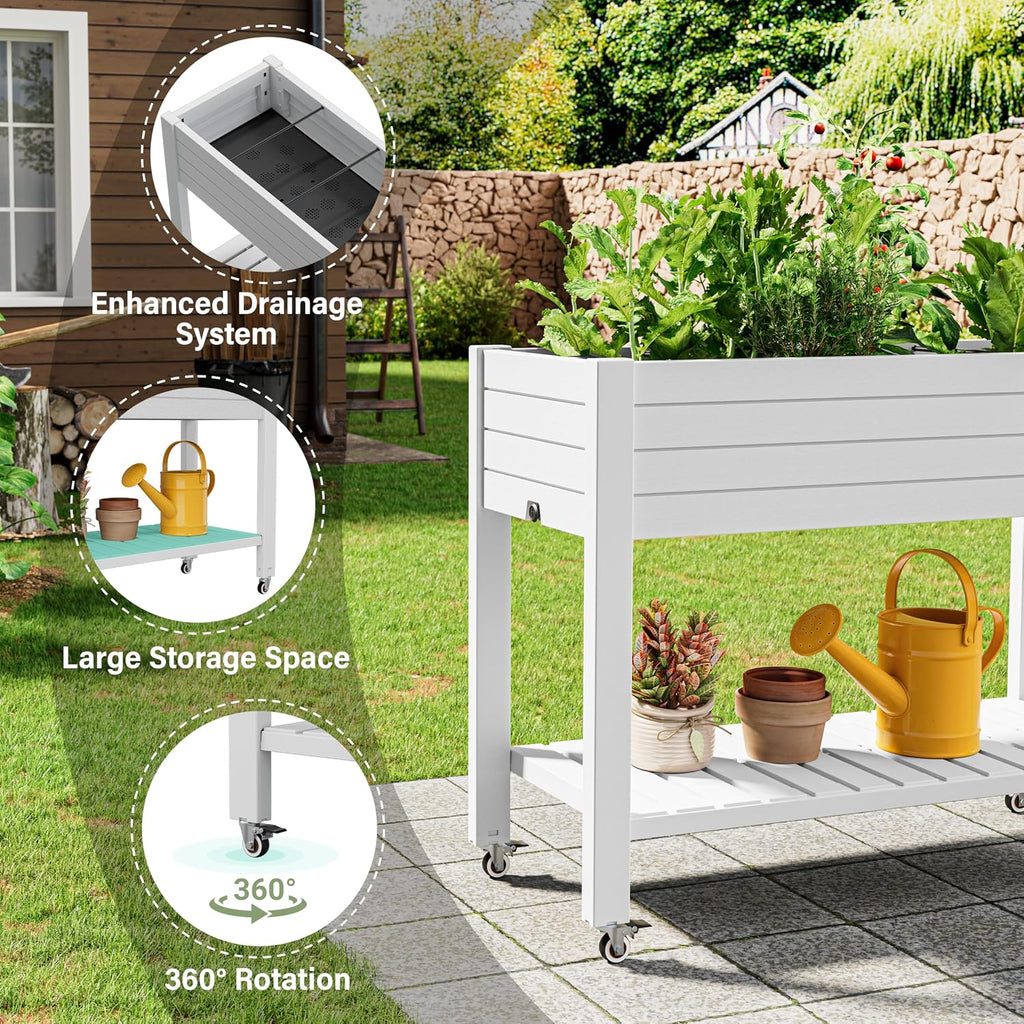 Elevate 33.7" Tall Raised Garden Bed with Wheels, Divisible Resin Planter Box with Drainage Gauge & Storage Shelf, Herb