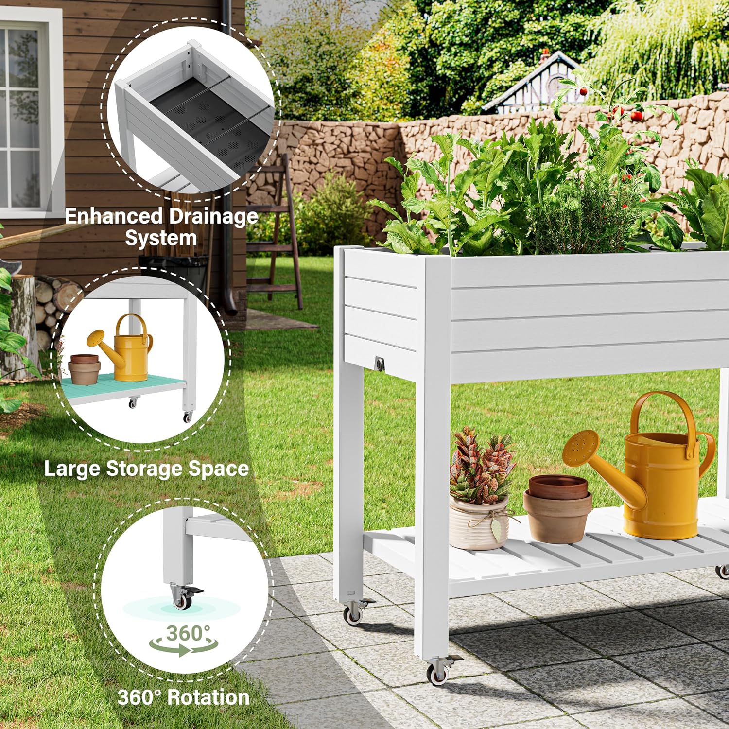 Elevate 33.7" Tall Raised Garden Bed with Wheels, Divisible Resin Planter Box with Drainage Gauge & Storage Shelf, Herb