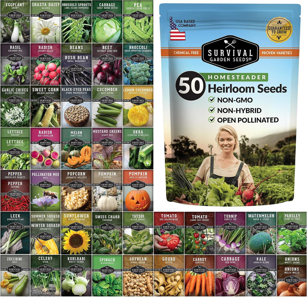 Homesteader 50 Pack Seed Vault for Planting Victory Gardens | Non-GMO Heirloom Vegetable, Fruit, Herb Seeds to Grow