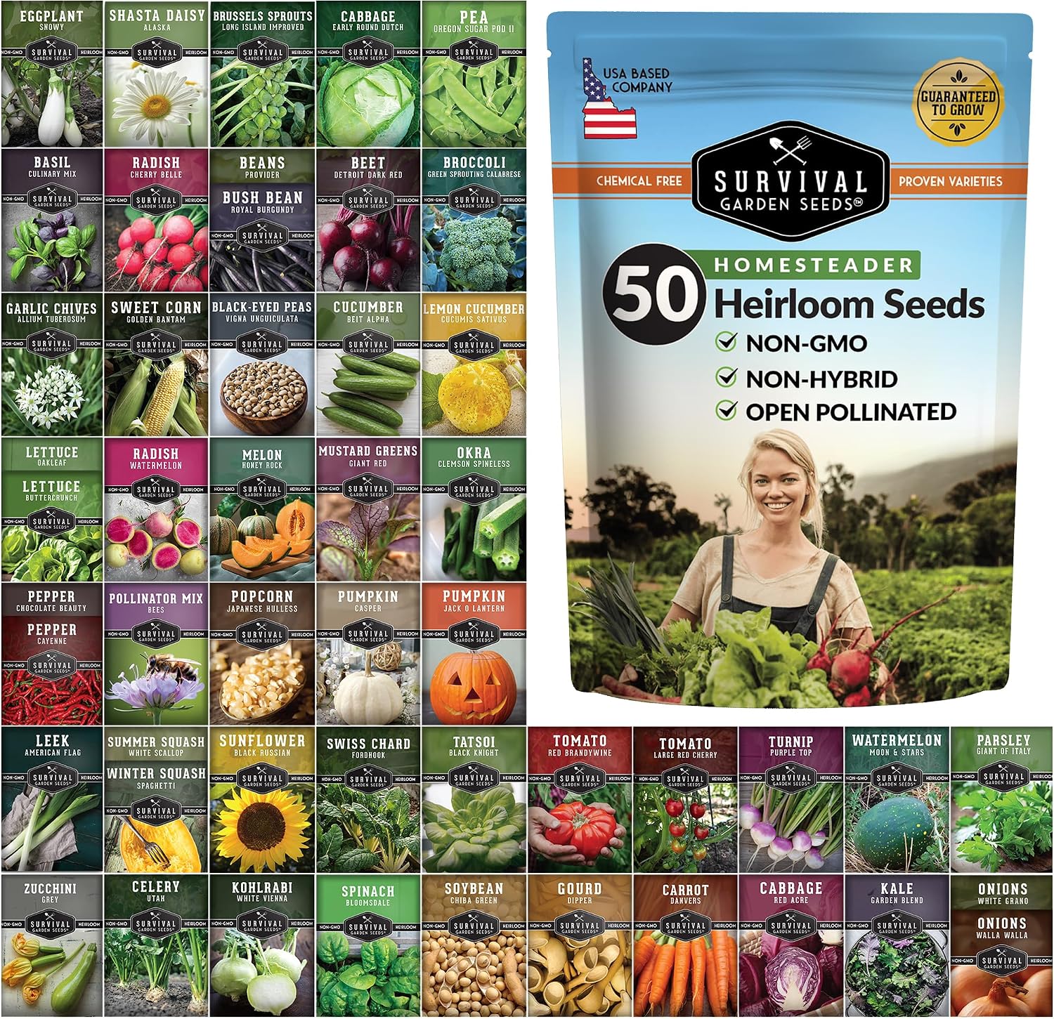 Homesteader 50 Pack Seed Vault for Planting Victory Gardens | Non-GMO Heirloom Vegetable, Fruit, Herb Seeds to Grow