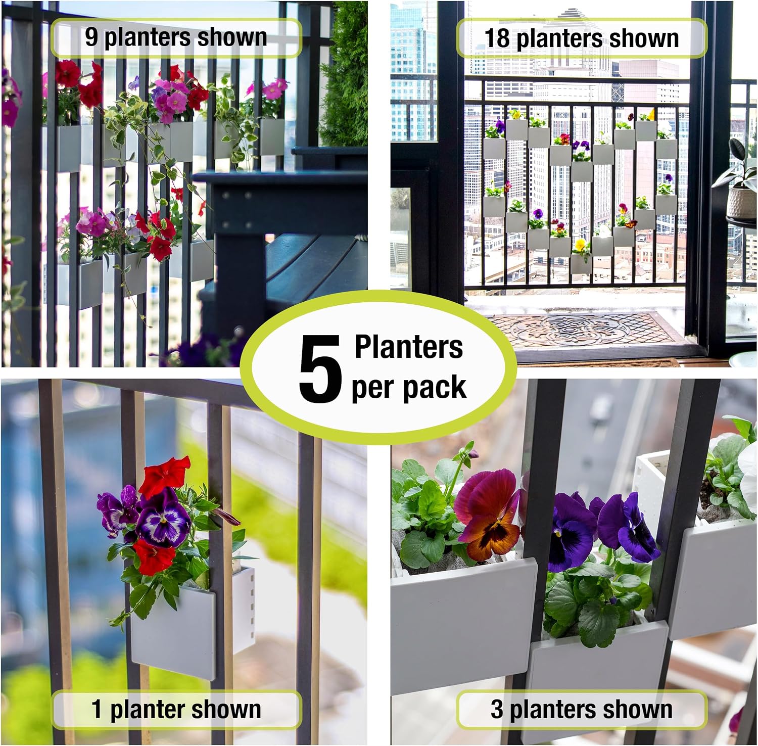 Railing Planter 5-Pack, White (4-inch) | Tool-Free Space-Saving Floating Flower Pots for Balcony Railings | Vertical