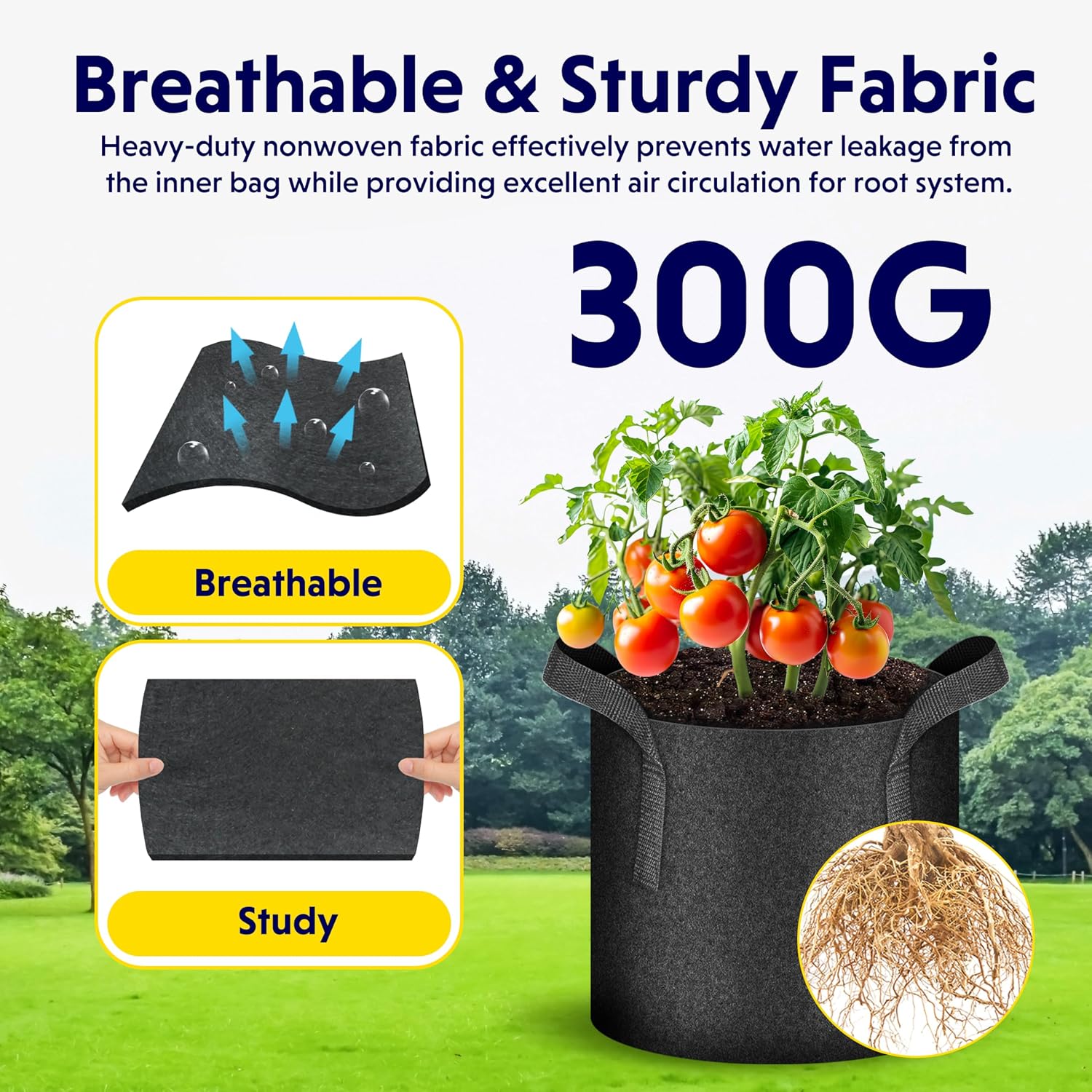 iPower 5-Pack 15 Gallon Plant Grow Bags Thickened Nonwoven Aeration Fabric Pots Heavy Duty Durable Container, Strap
