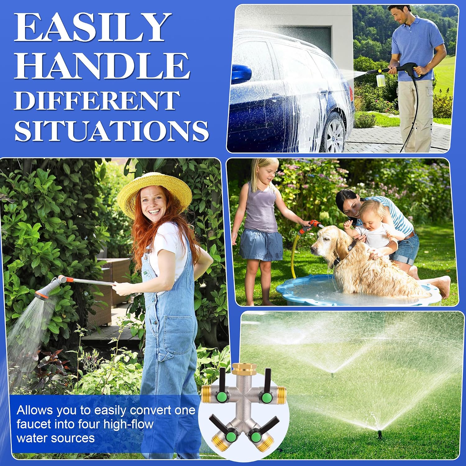 EJW Hose Splitter 4 Way, Garden Hose Splitters, Heavy Duty Faucet Splitter,Rv Brass Water Hose Y Splitter, Hose