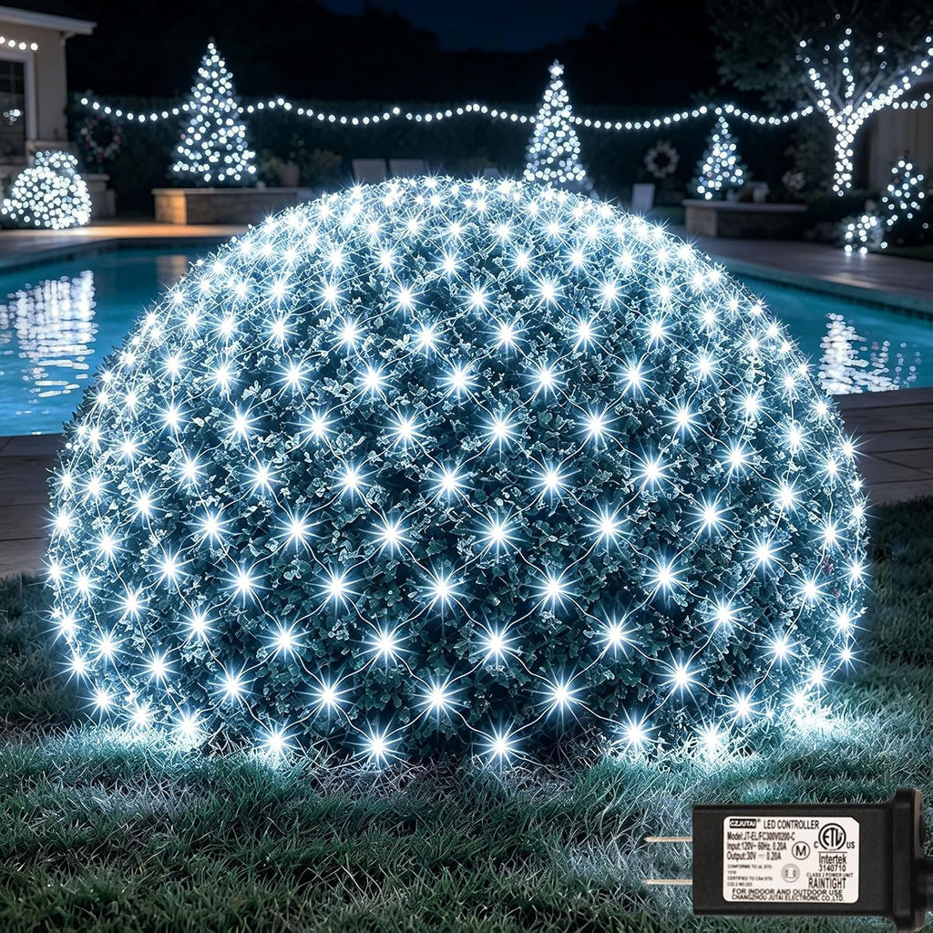 OYCBUZO 300LED Net Lights, 14.8ft x 5ft Connectable Christmas Net Lights 8 Modes, Waterproof Mesh Lights Plug in for Bushes Xmas Tree Holiday Garden Wedding Outdoor Party - Cool White