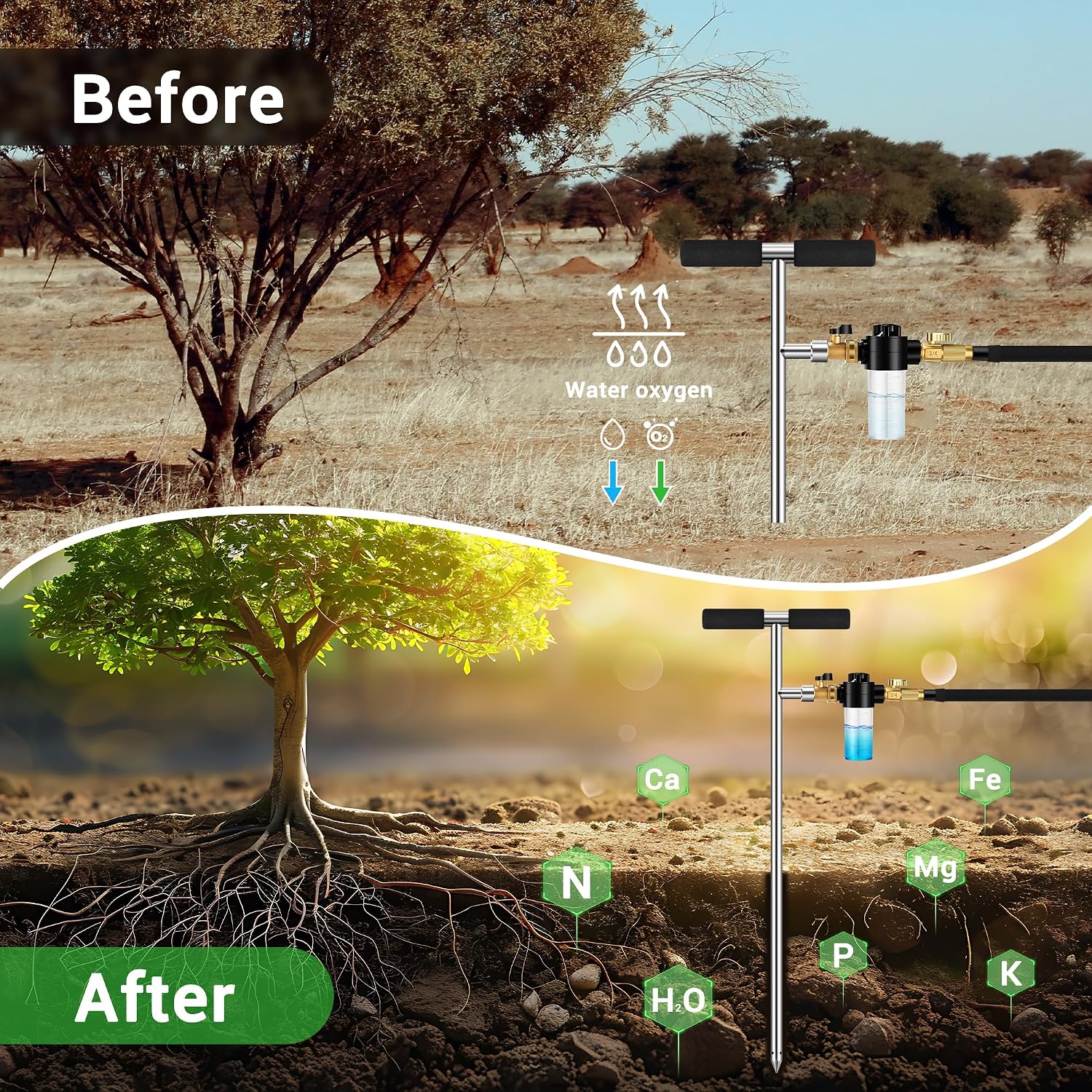 Deep Root Watering Tool for Trees Watering Spike with Fertilizer Bottle | Stainless Steel Root Feeder, Upgraded Brass